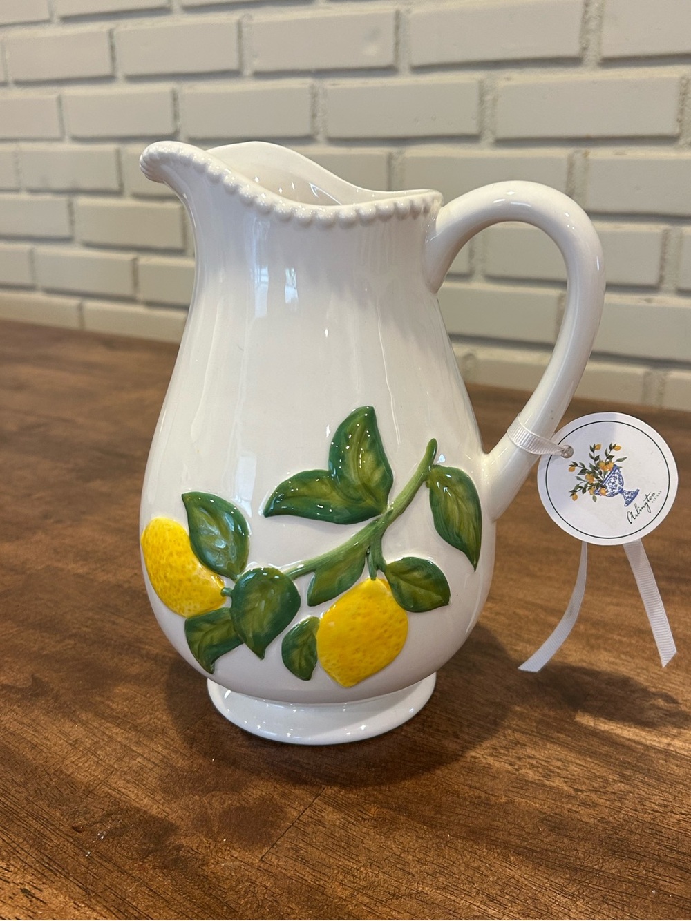 Hand-Painted Lemon Ceramic Pitcher - White with Yellow & Green